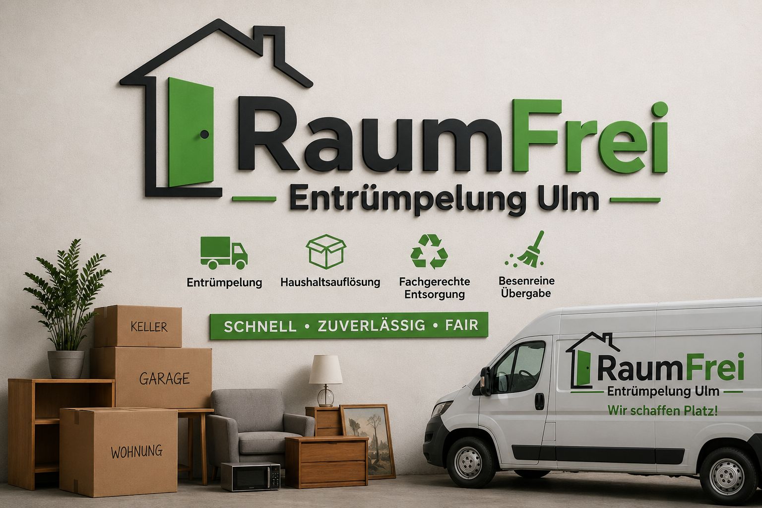 RaumFrei Entrümpelung Ulm – Transporter, Umzugskartons und geräumte Möbel vor der gebrandeten Wand